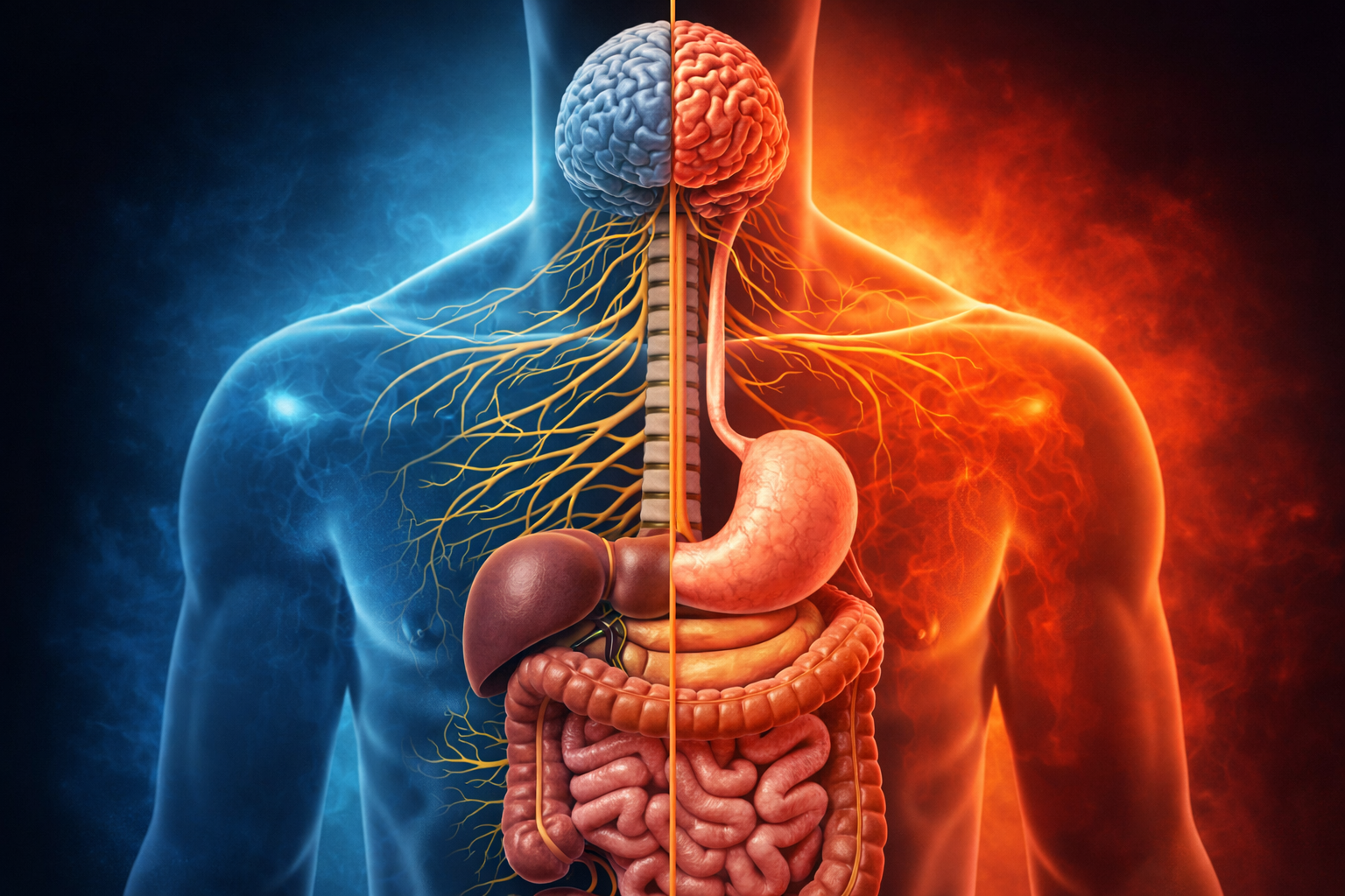 Ilustracja pokazująca zależność między układem nerwowym a układem trawiennym u mężczyzny – połączenie mózgu, nerwów i jelit w stanie stresu i regulacji.